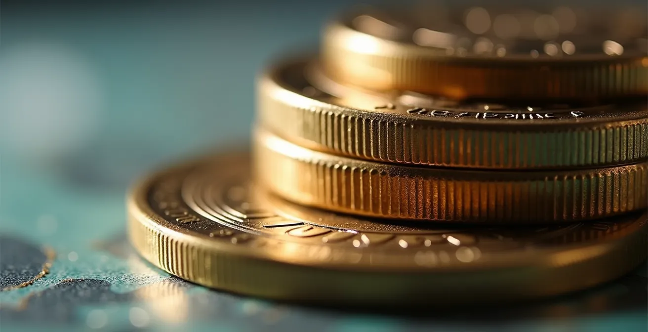 Scène macro de pièces de monnaie empilées symbolisant l'équilibre entre distribution et réserves