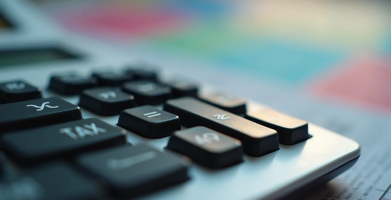 Gros plan macro sur une calculatrice professionnelle avec des reflets lumineux, symbolisant l'analyse des taxes.