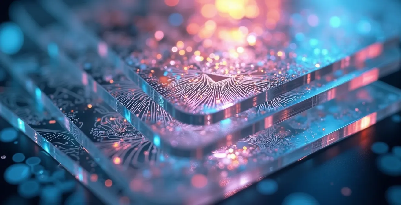 Composition macro montrant des couches de sécurité numériques superposées comme des boucliers transparents