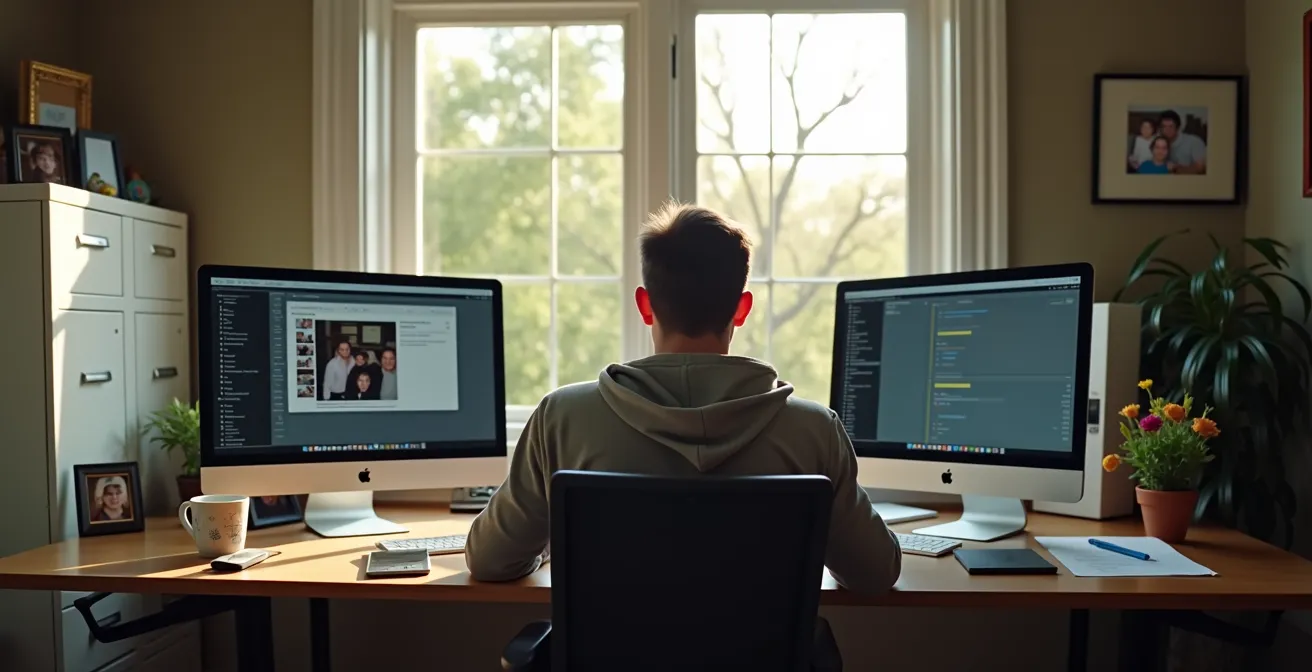 Espace de télétravail à domicile montrant l'équipement professionnel dans un environnement résidentiel