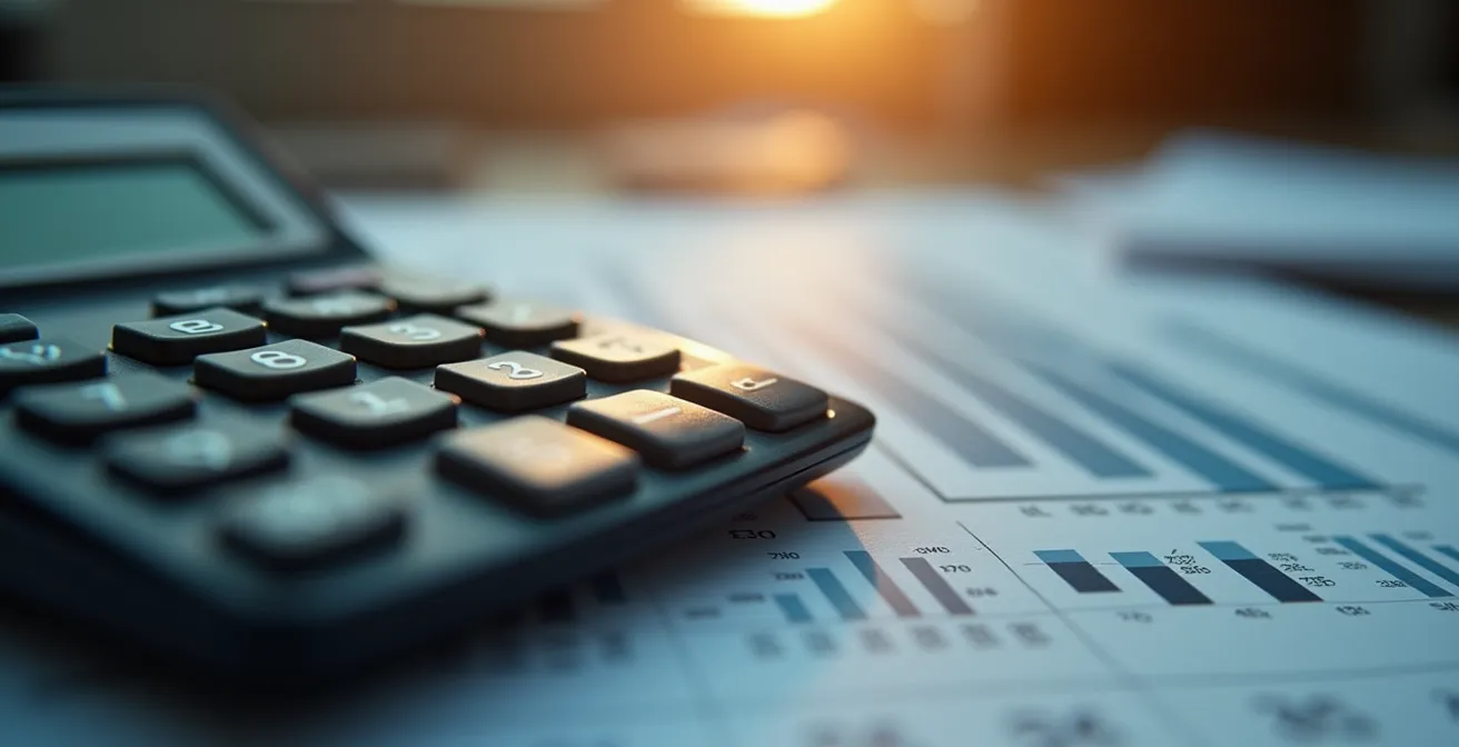Calculatrice professionnelle et documents financiers avec graphiques comparatifs dans un bureau moderne
