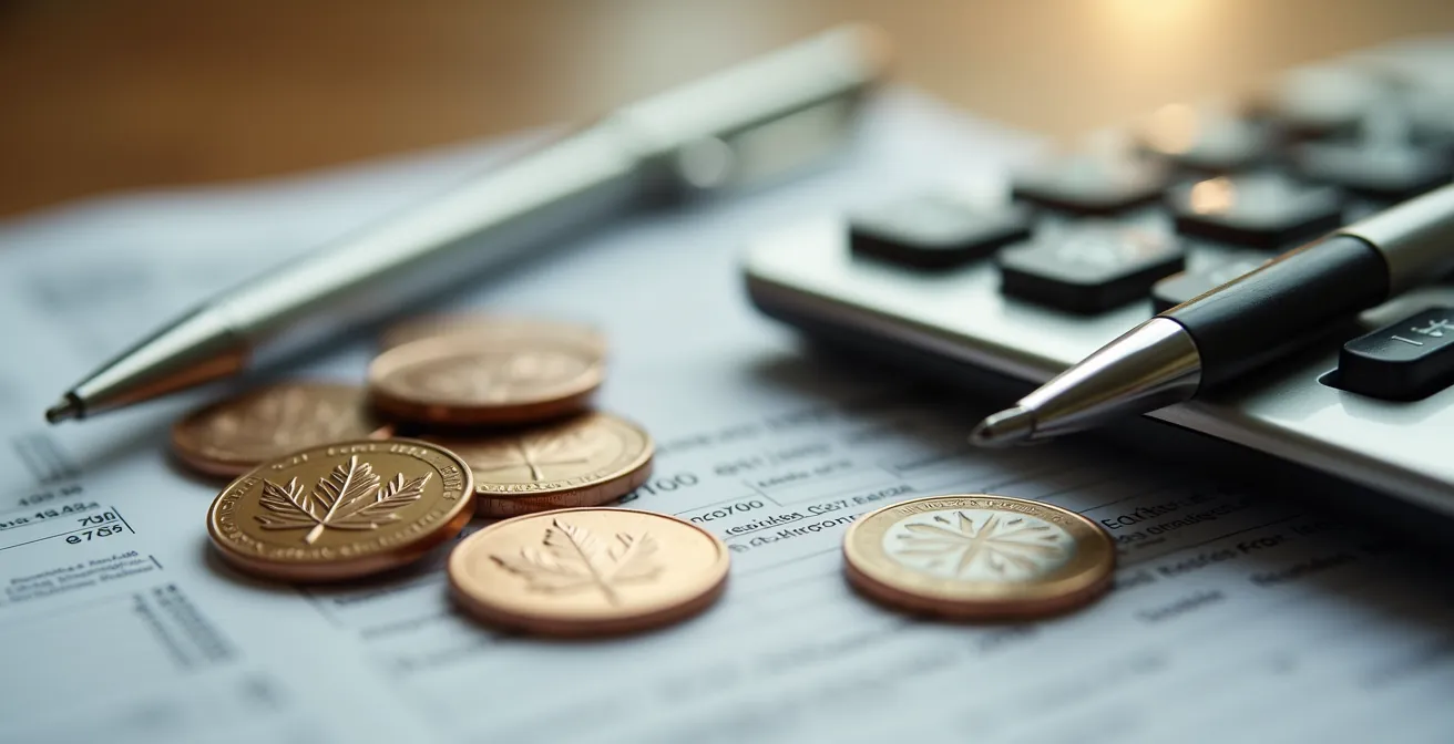 Gros plan macro sur des documents fiscaux avec calculatrice et stylo montrant la complexité du calcul du PBR