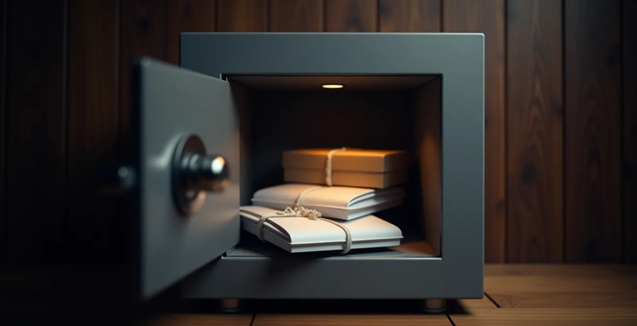 Coffre-fort domestique moderne entrouvert avec enveloppes scellées à l'intérieur, éclairage dramatique