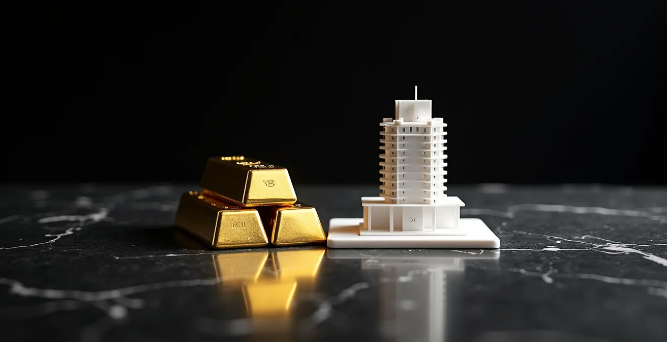 Lingots d'or et maquette architecturale d'immeuble moderne côte à côte sur bureau d'investisseur