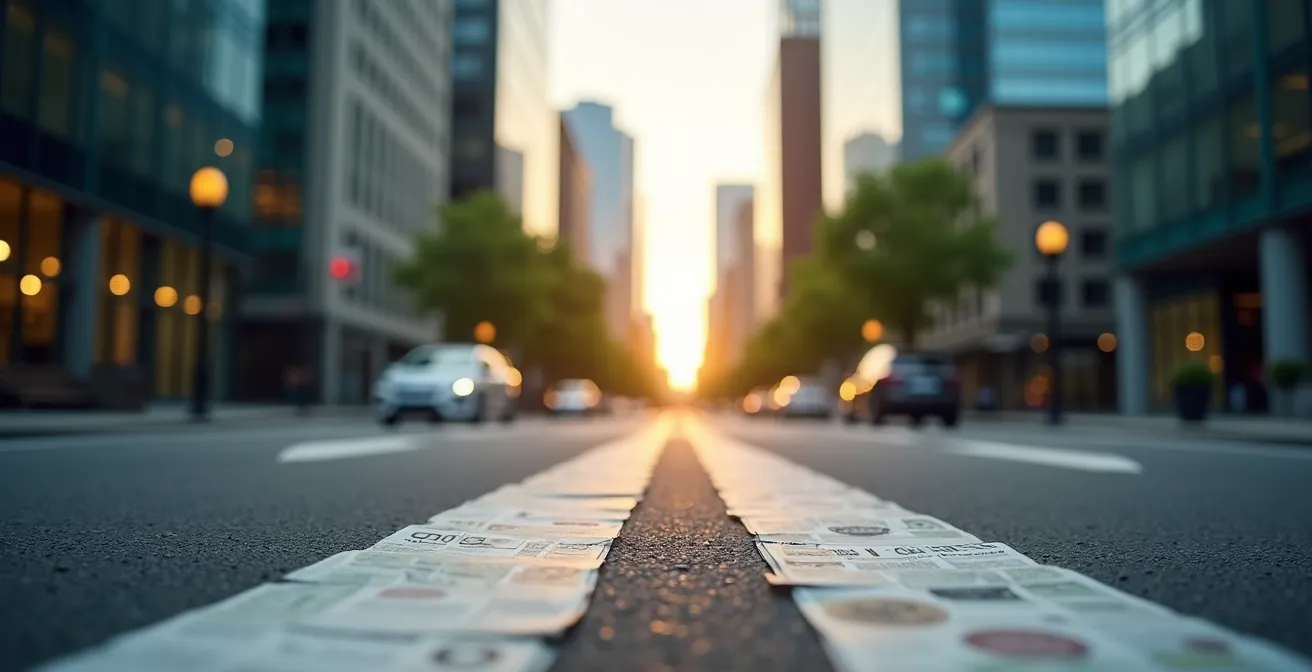 Deux chemins divergents représentés par des routes partant d'un carrefour, l'une menant vers une banque moderne, l'autre vers un bureau de syndic