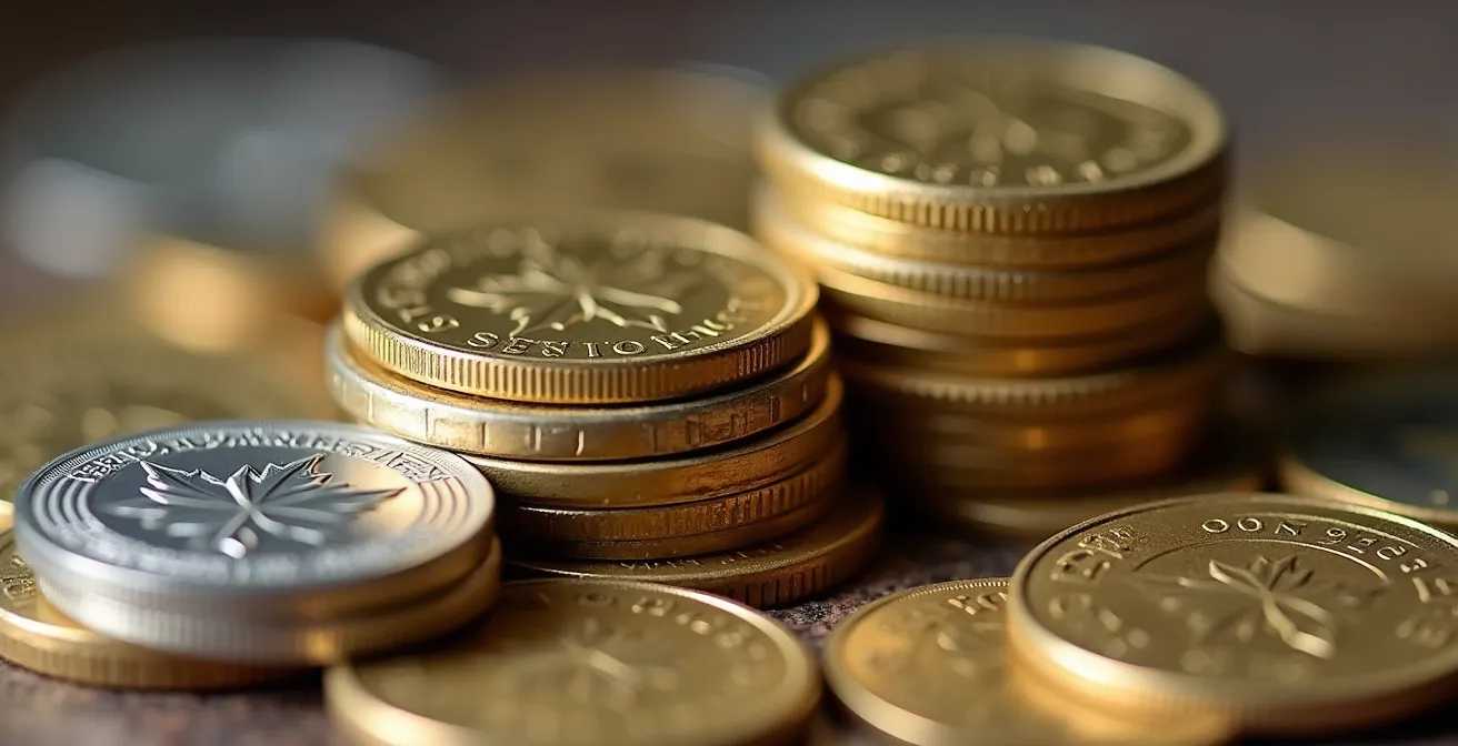 Vue macro de pièces de monnaie canadiennes empilées avec profondeur de champ réduite
