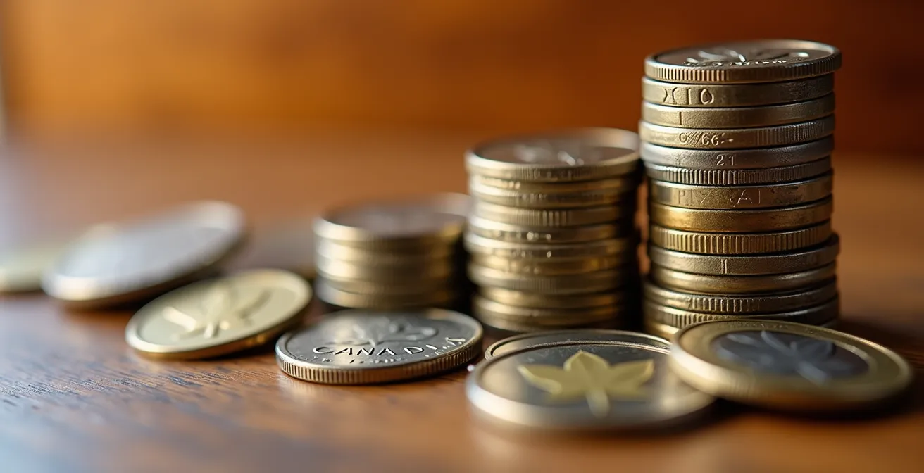 Composition minimaliste montrant la croissance de l'épargne avec des pièces canadiennes empilées