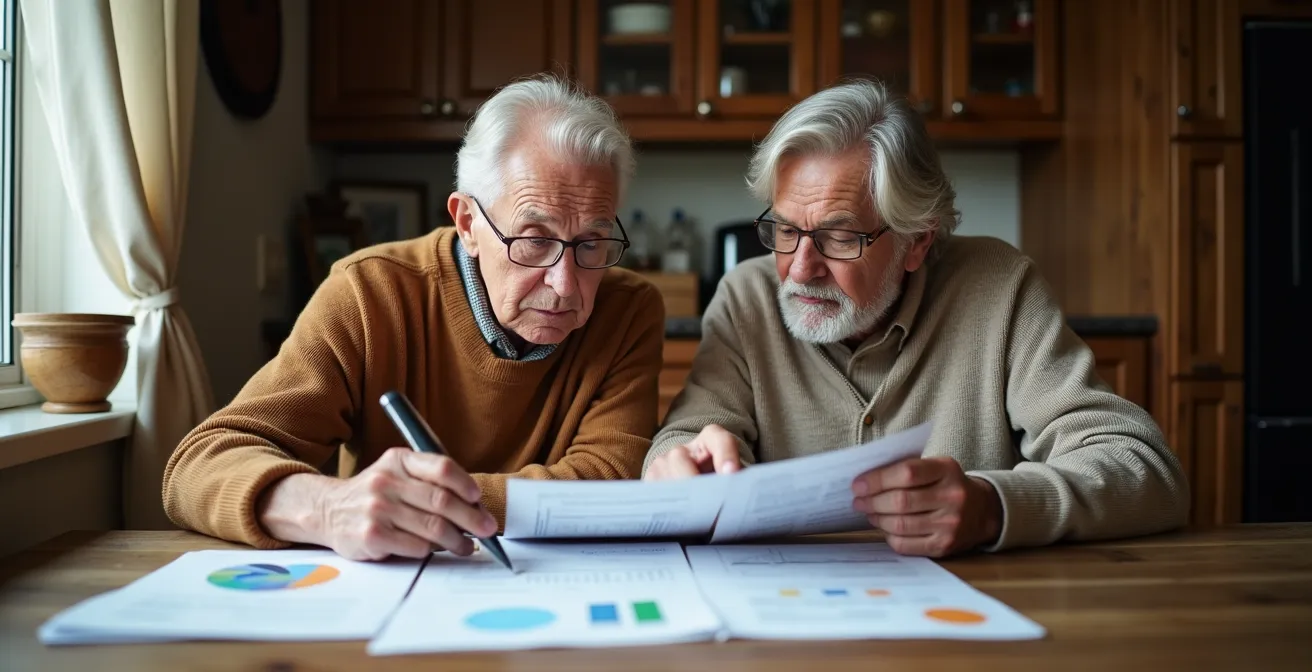 Couple de retraités québécois consultant ensemble des documents financiers sur une table en bois avec calculatrice