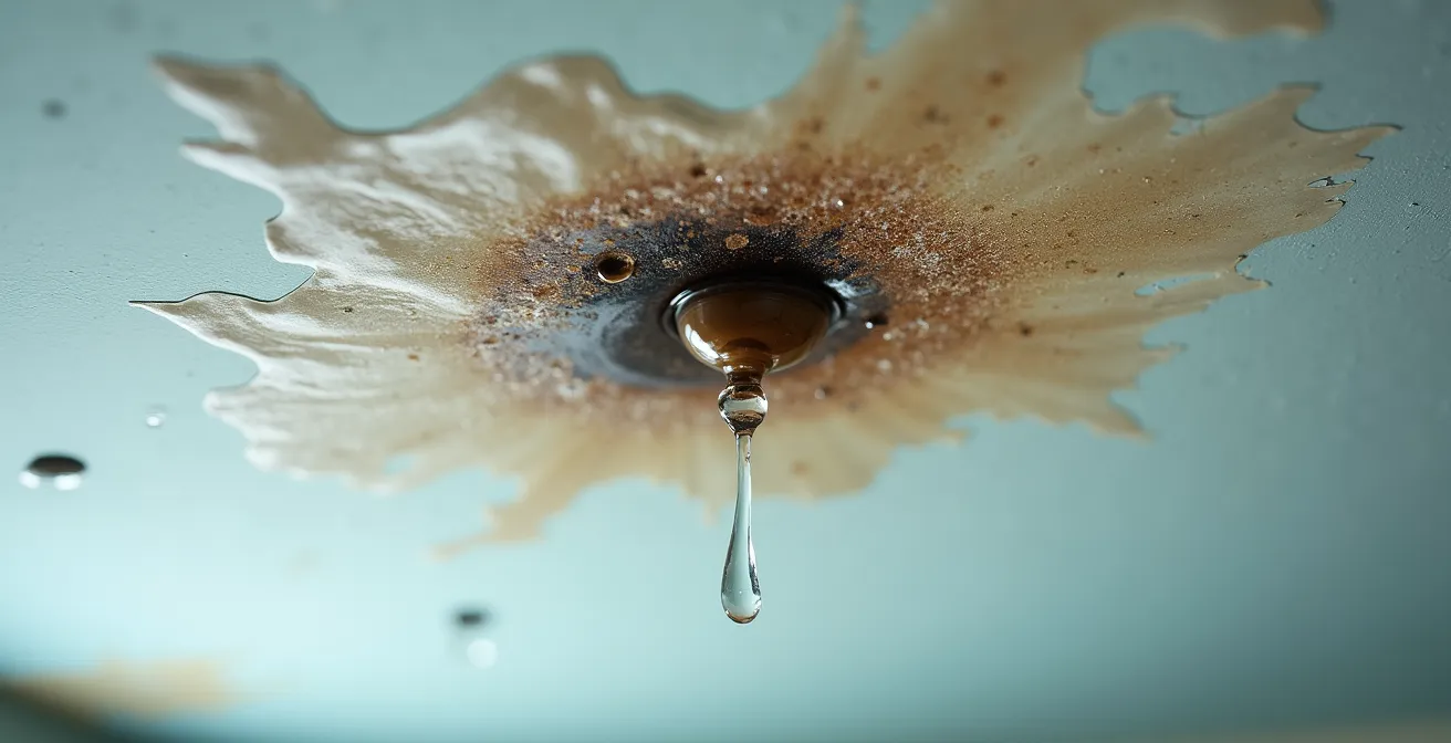 Plafond d'un condo avec traces visibles d'infiltration d'eau et dommages, évoquant la complexité des responsabilités d'assurance
