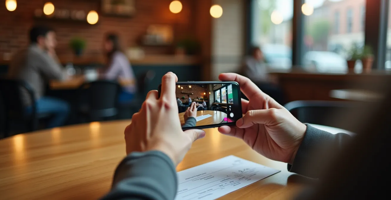 Personne utilisant une application bancaire mobile pour déposer un chèque dans un café québécois