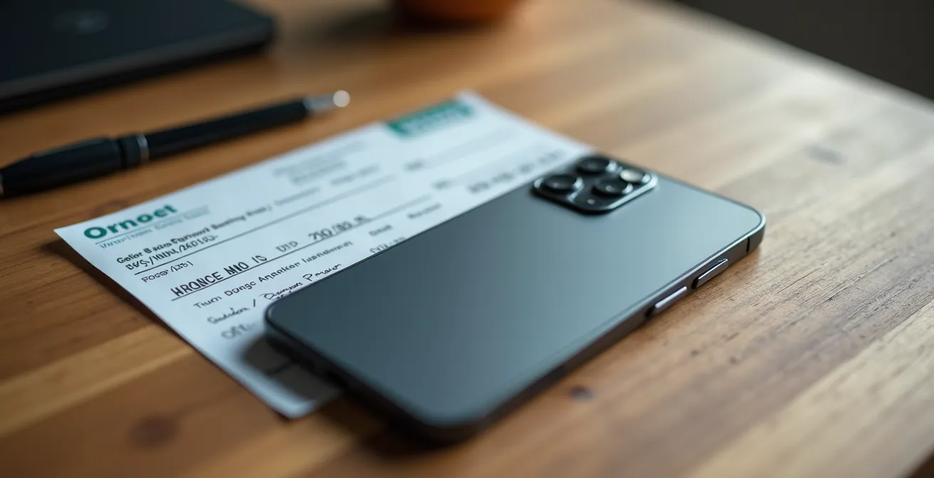 Vue macro d'un smartphone montrant l'arrière avec un chèque posé à côté sur une table