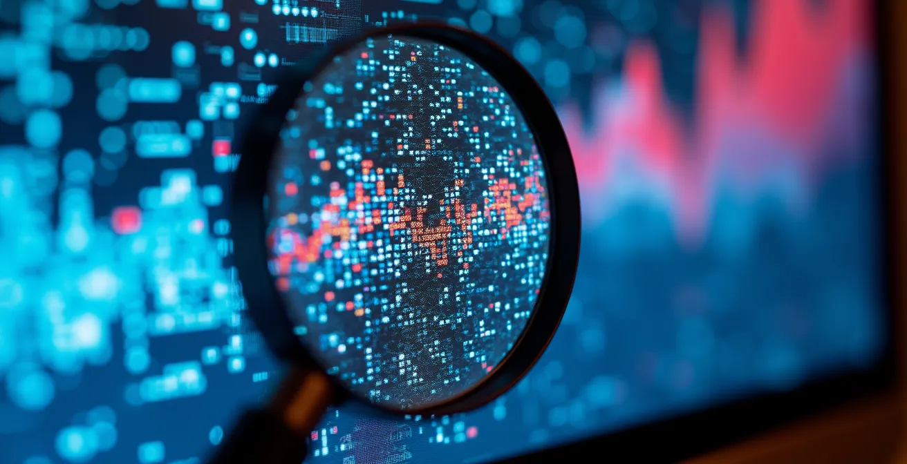 Gros plan sur un écran montrant une interface de courriel abstraite avec une loupe mettant en évidence des détails suspects pour détecter le phishing.