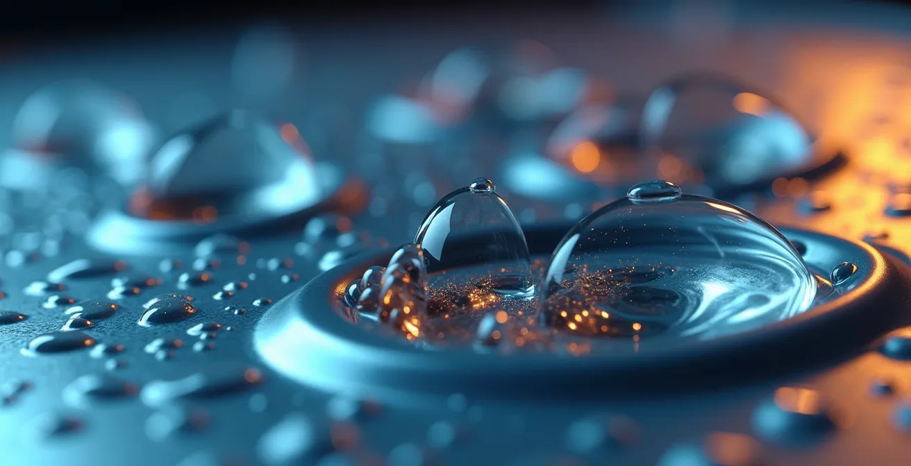 Macro photographique de gouttes d'eau cristallines s'accumulant sur une surface métallique polie formant des sphères parfaites qui grossissent progressivement