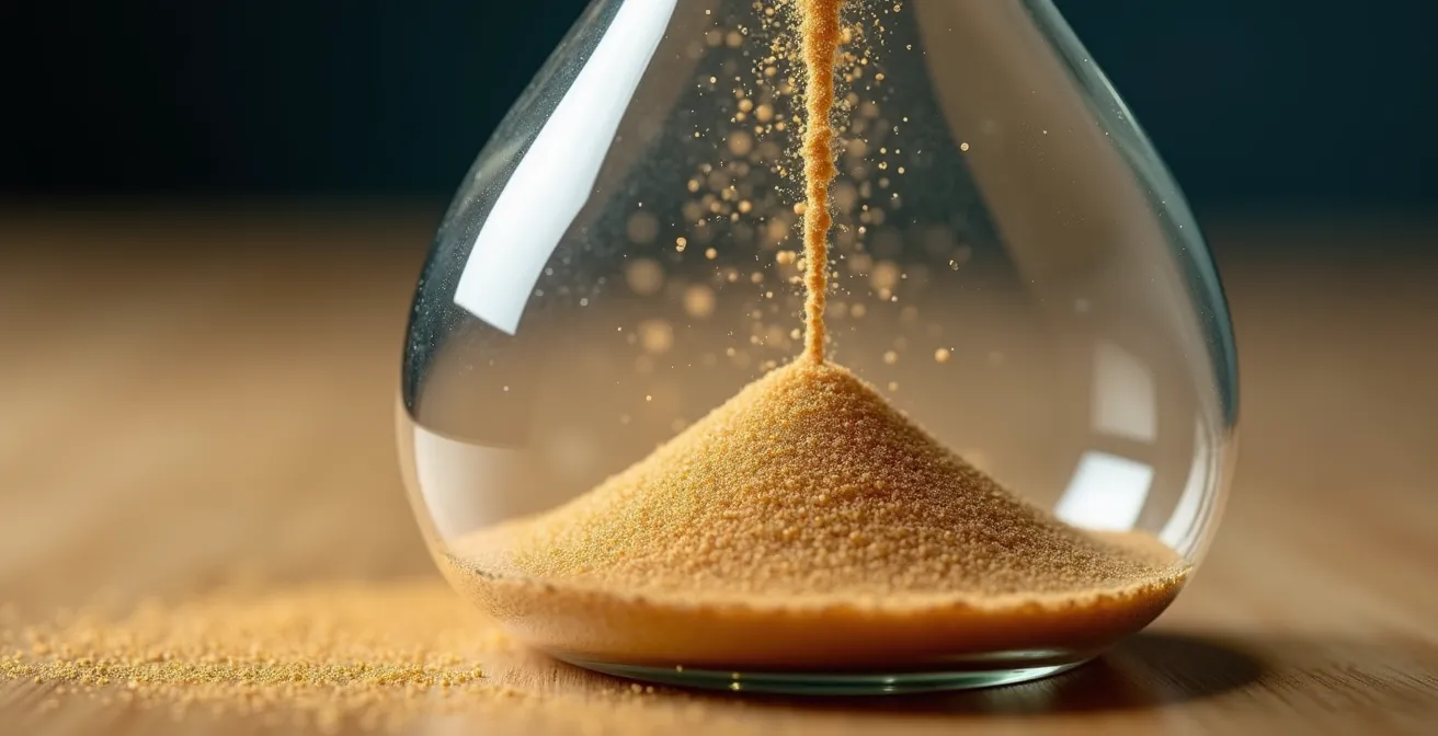 Graphique temporel abstrait montrant la diminution progressive des frais sur une période de 7 ans, symbolisant la patience requise.