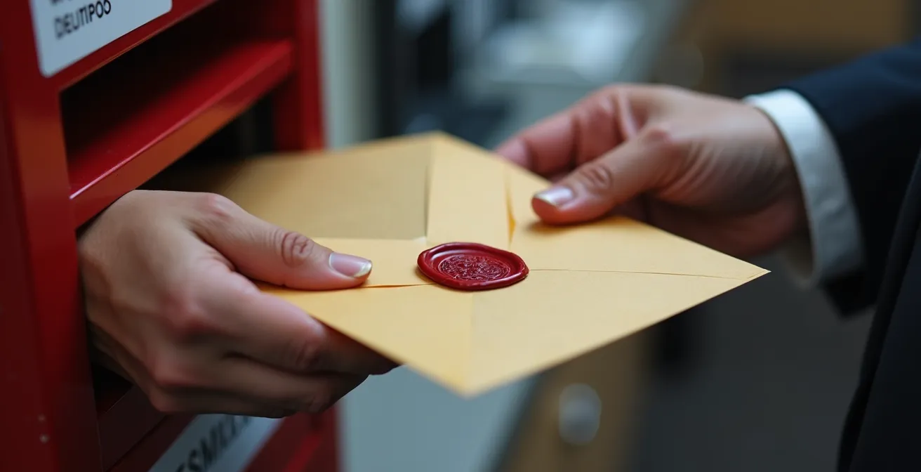 Main tenant une enveloppe scellée avec cachet officiel devant un comptoir postal québécois