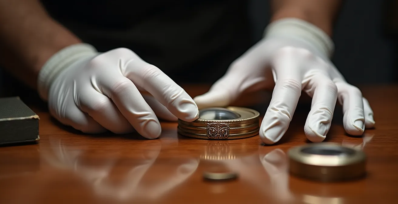 Mains gantées d'un expert évaluant délicatement un objet de collection sur une table d'évaluation professionnelle