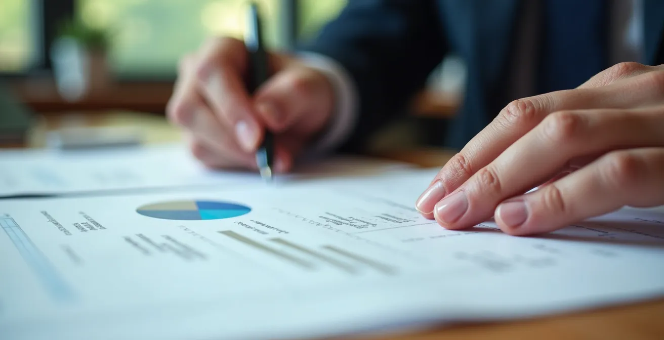 Main tenant une liasse de documents financiers avec arrière-plan flou de bureau