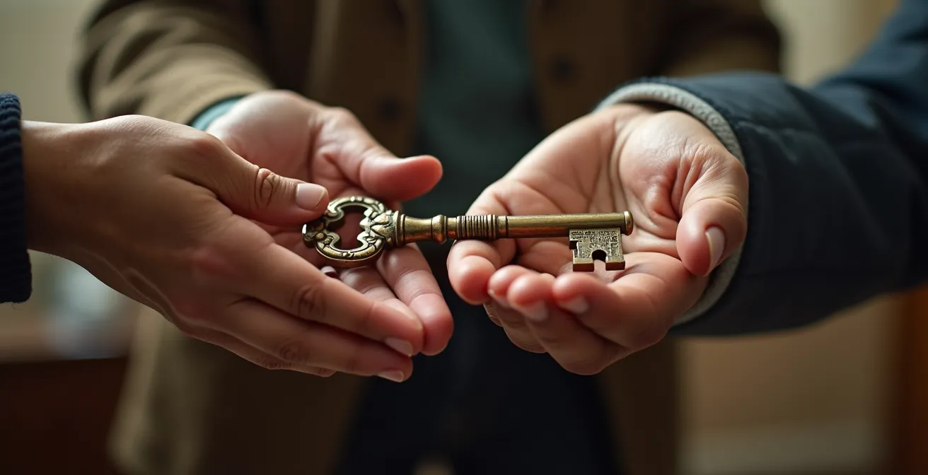 Mains de plusieurs générations tenant symboliquement une clé d'entreprise