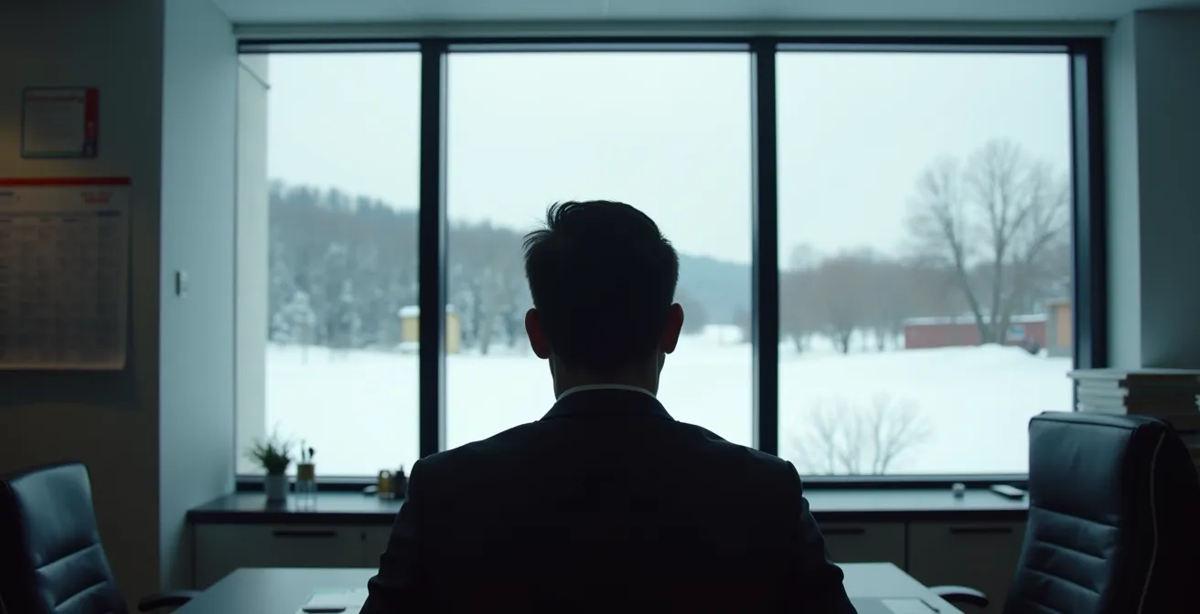 Un bureau moderne avec vue sur un paysage hivernal enneigé du Québec, symbolisant la gestion en période creuse.