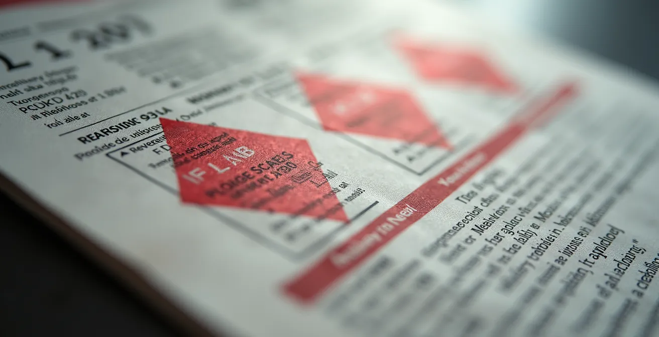 Gros plan sur un rapport de crédit commercial avec zones floues et indicateurs visuels d'impact négatif