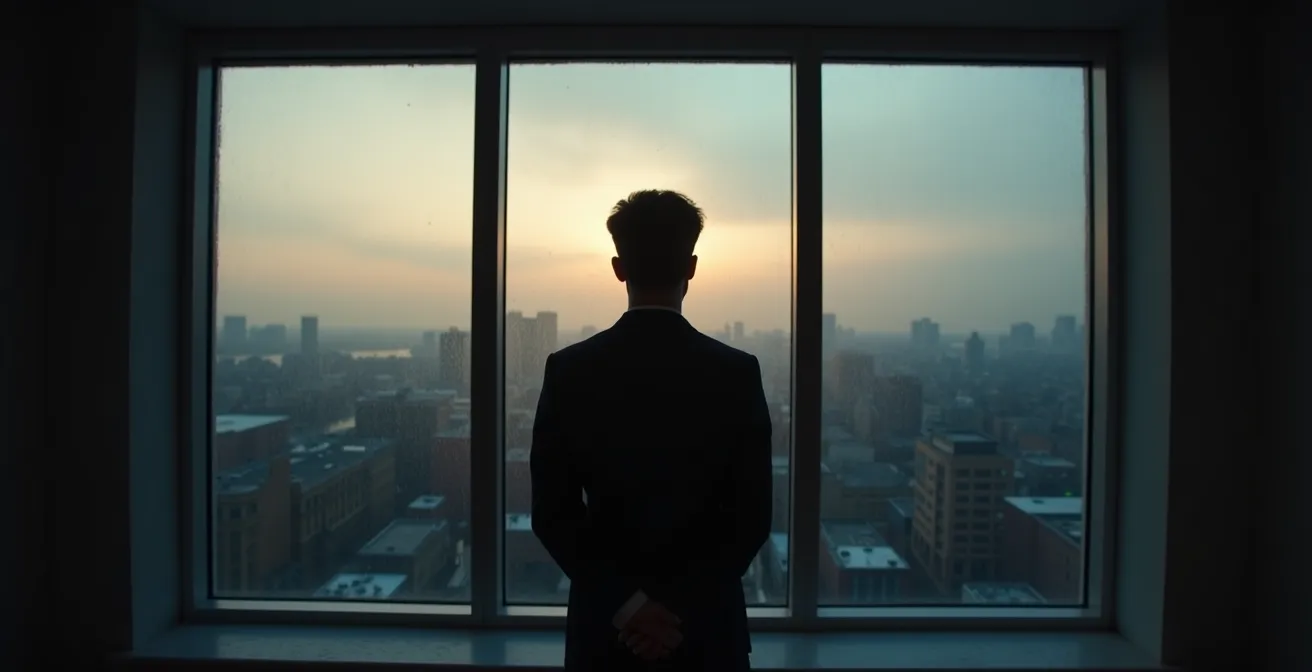 Personne contemplative regardant par la fenêtre avec vue sur Montréal