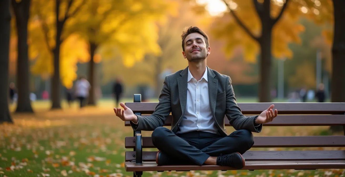 Personne détendue dans un parc avec smartphone posé face cachée sur un banc, suggérant la tranquillité d'esprit