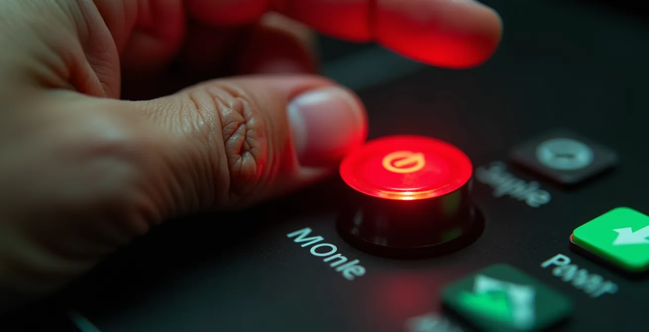 Détail macro de main hésitante au-dessus d'un bouton rouge symbolisant la décision de vendre en panique