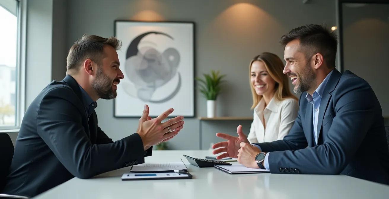 Entrepreneur québécois en réunion avec un représentant fournisseur dans un bureau lumineux