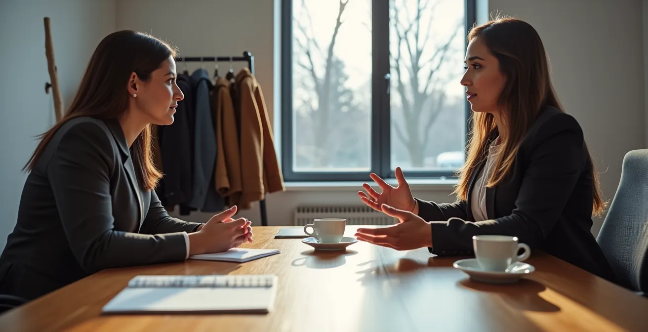 Deux professionnels québécois en discussion autour d'une table de négociation