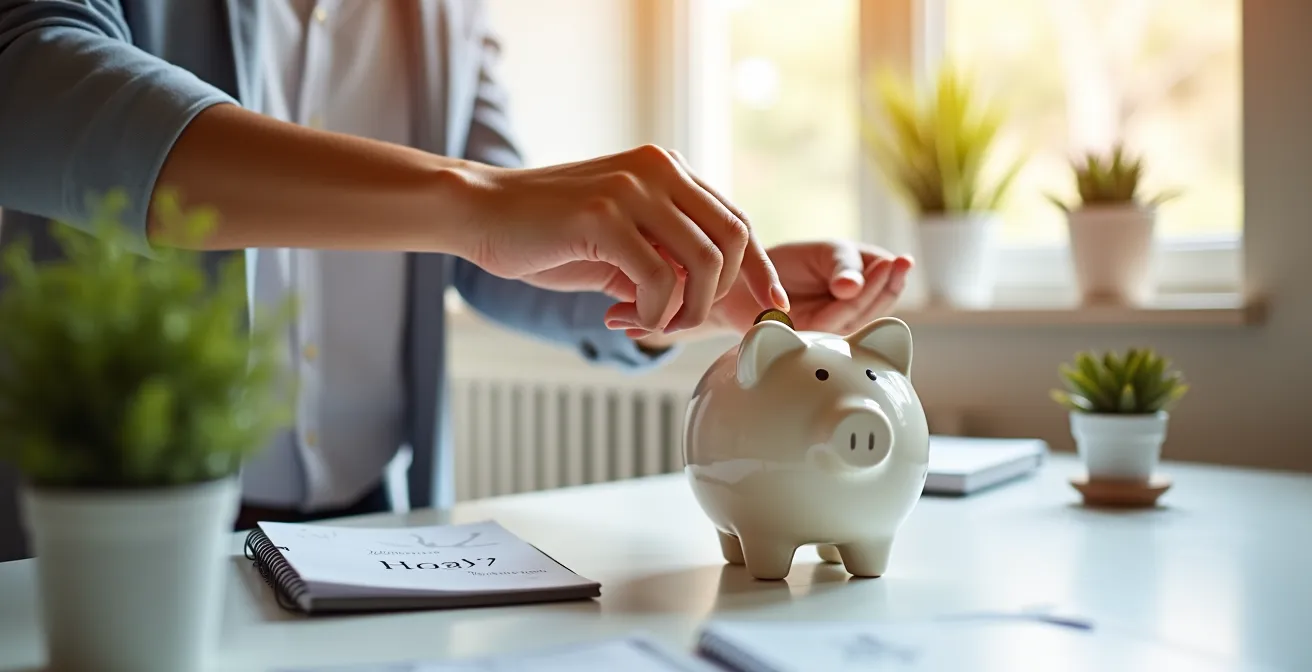 Bureau moderne avec tirelire, calculatrice affichant des économies et plante verte symbolisant la croissance