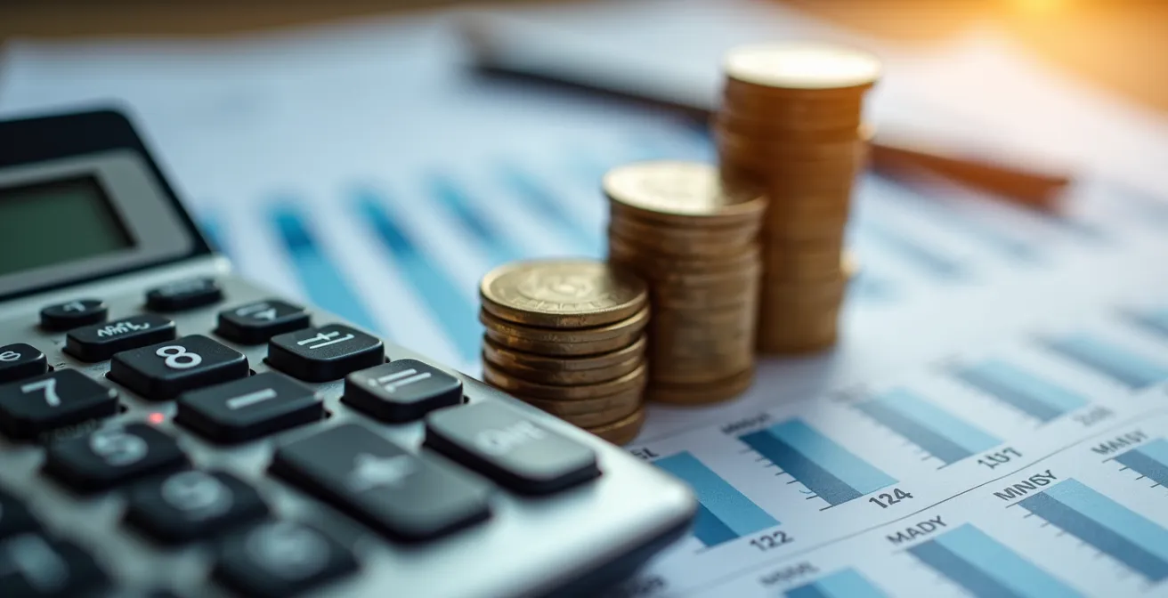 Gros plan sur une calculatrice financière et un calendrier de planification avec des pièces de monnaie empilées représentant l'épargne progressive