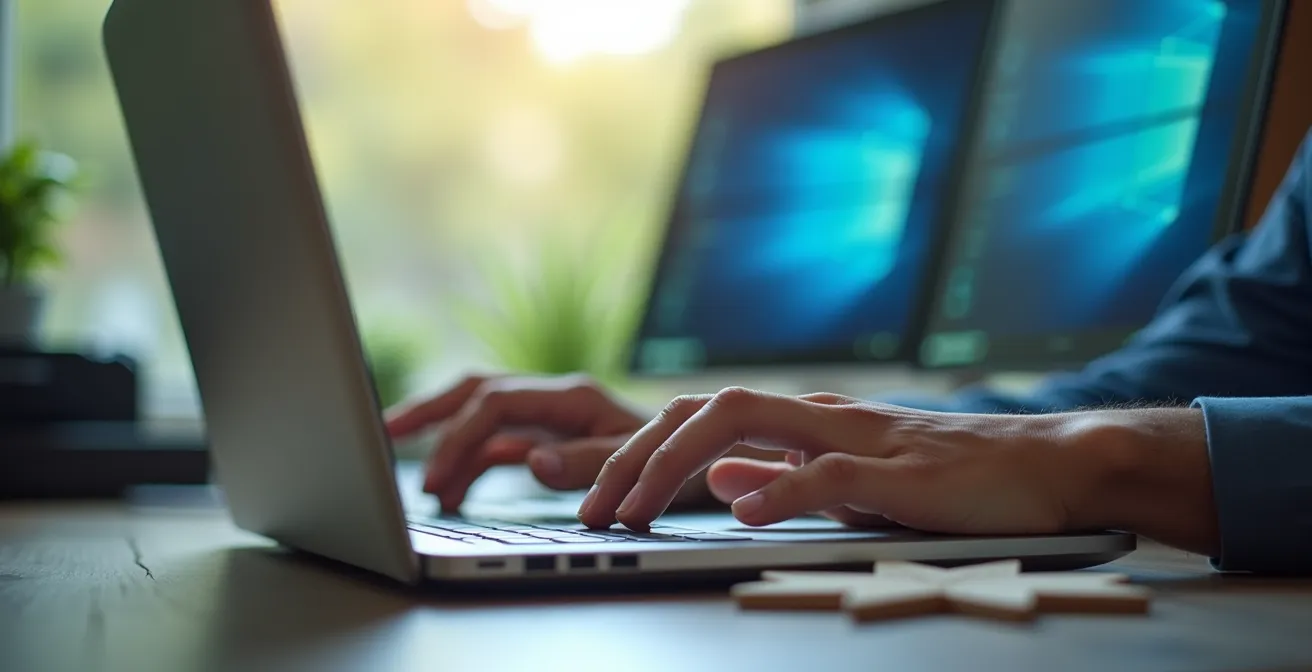 Mains tapant sur un clavier d'ordinateur portable avec deux écrans flous en arrière-plan