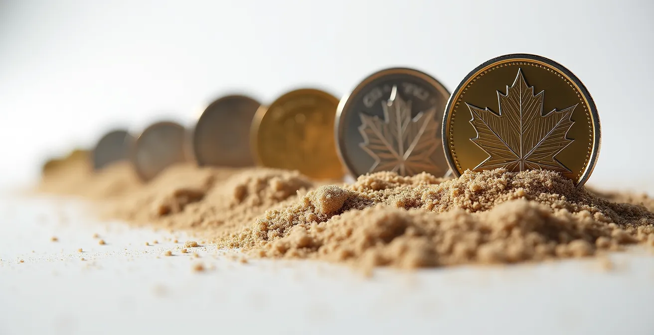 Pièces de monnaie canadiennes s'effritant progressivement pour illustrer l'érosion du pouvoir d'achat par l'inflation