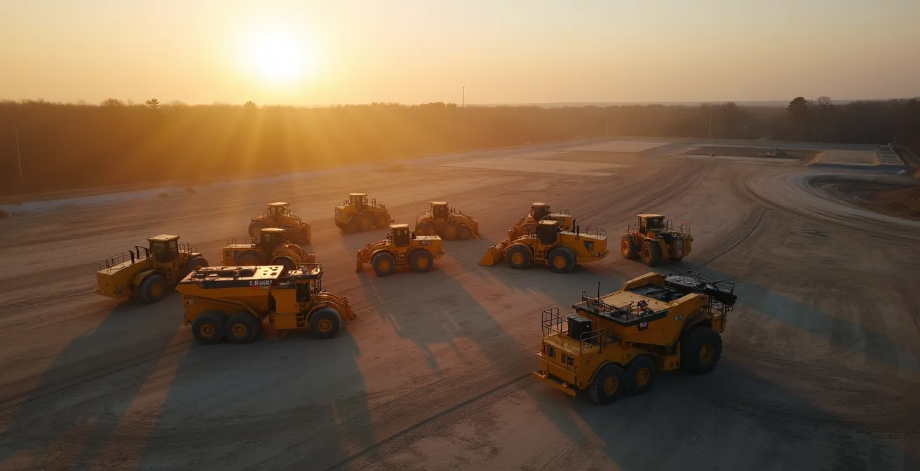 Vue aérienne minimaliste d'un chantier de construction avec équipements lourds disposés géométriquement