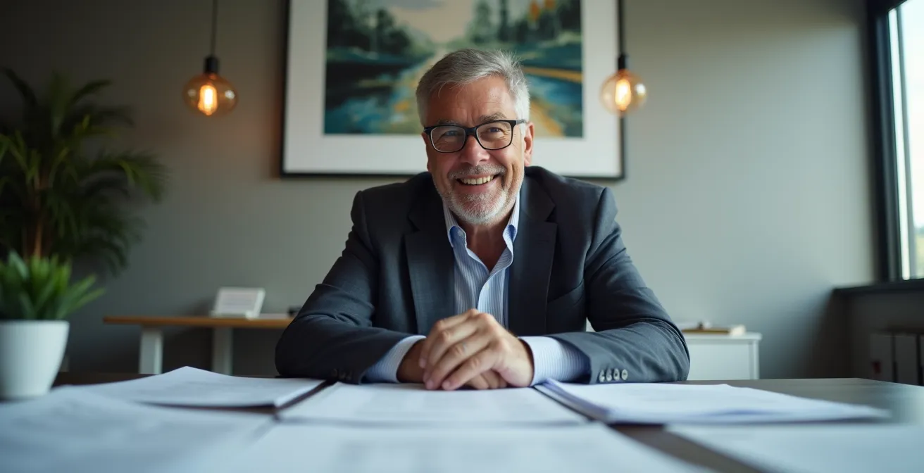 Entrepreneur québécois travaillant sereinement dans son bureau avec des documents sécurisés représentant la protection de ses actifs.