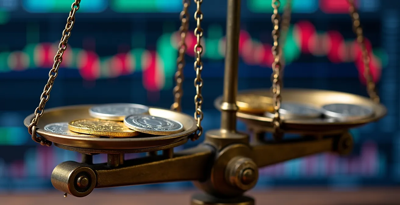 Balance d'équilibre avec pièces dorées et graphiques de performance boursière en arrière-plan flou