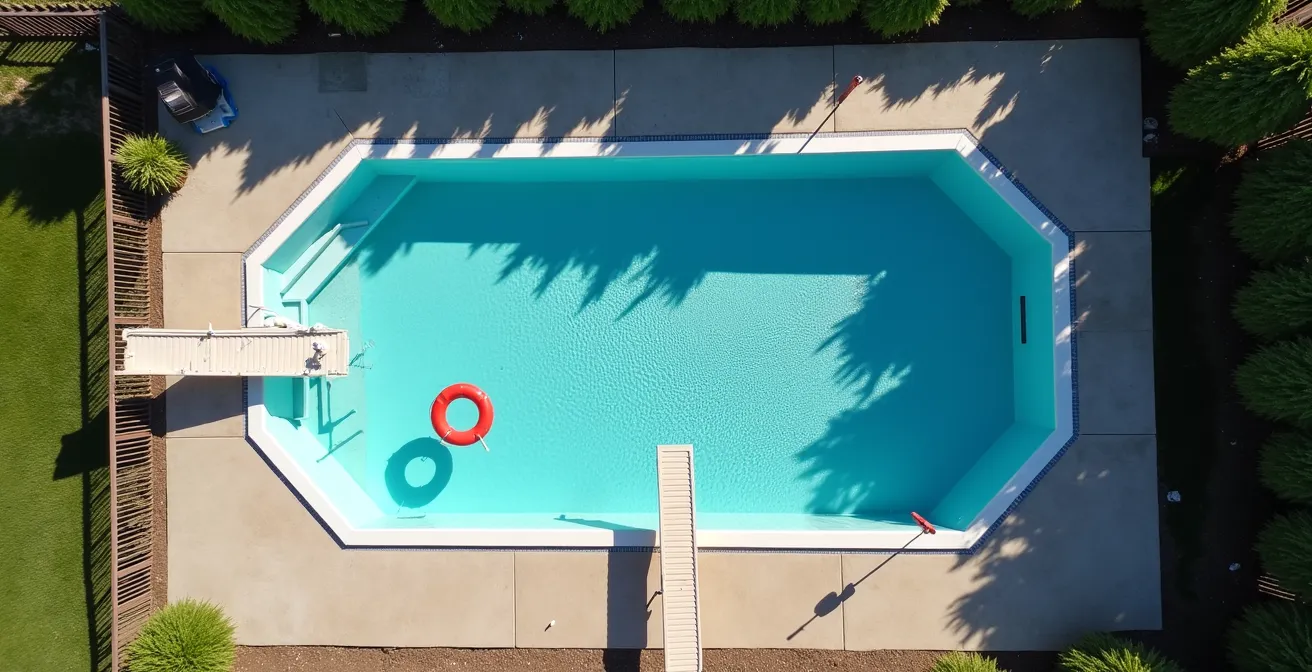 Vue aérienne d'une piscine résidentielle avec équipement de sécurité et clôture, illustrant les risques de responsabilité