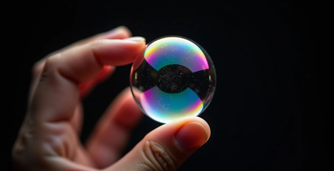 Main tenant délicatement une bulle de savon prête à éclater symbolisant la fragilité des investissements risqués
