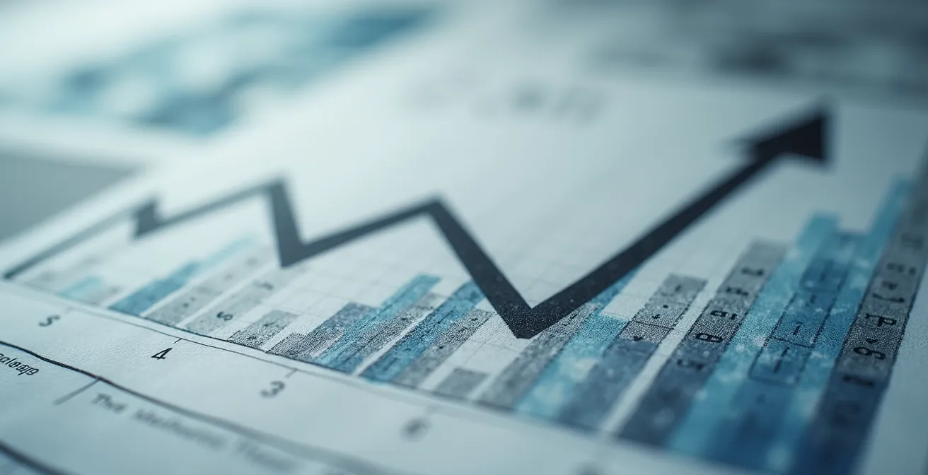 Vue macro détaillée d'un document d'évaluation immobilière avec éléments graphiques de tendance à la baisse