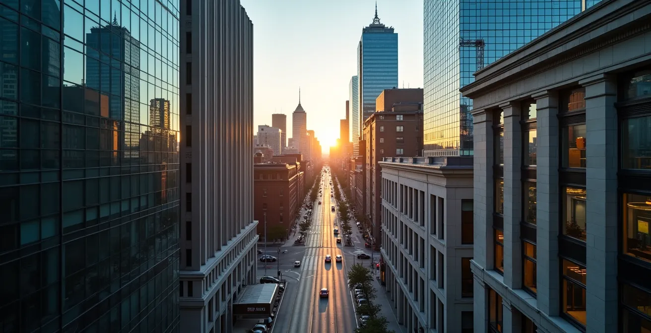 Vue aérienne minimaliste montrant la diversification bancaire avec plusieurs bâtiments financiers au Québec