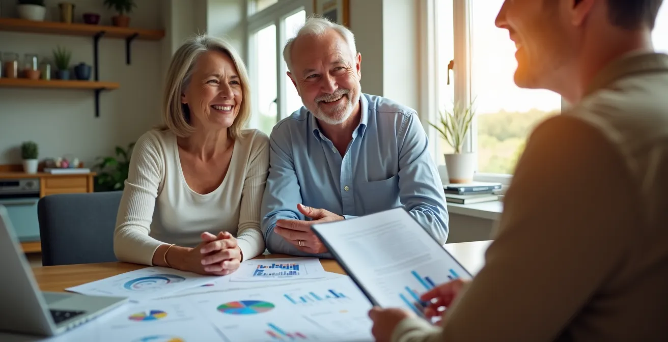 Composition humaine montrant un couple québécois d'âge mûr consultant des projections financières avec conseiller