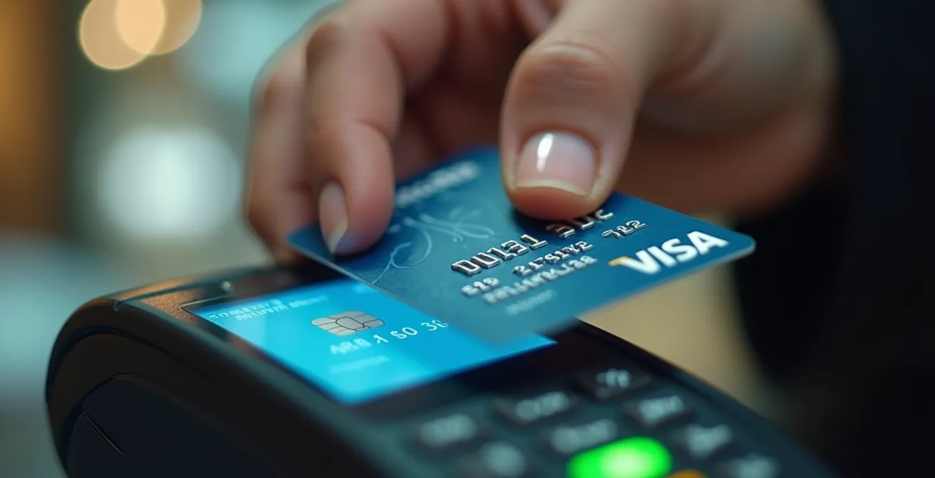 Gros plan sur une main approchant une carte d'un terminal de paiement sans contact avec indicateur lumineux vert