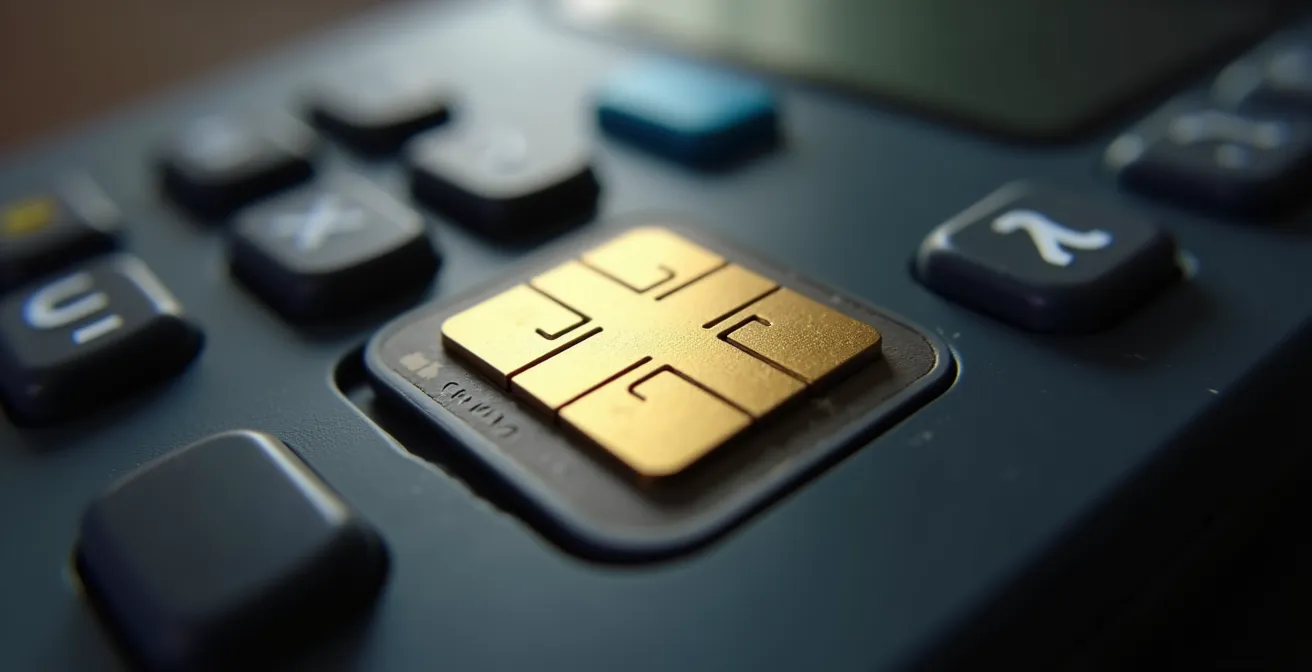 Vue macro d'une puce de carte bancaire en contact avec un terminal de paiement