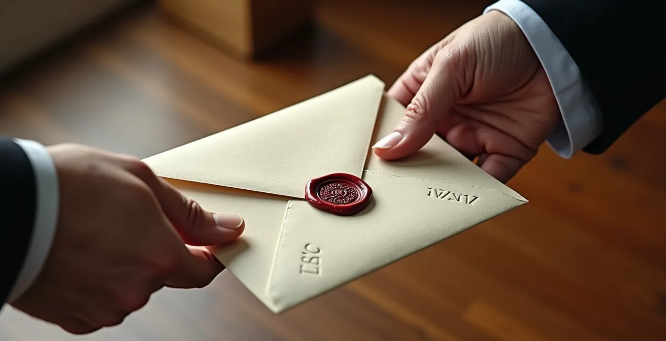 Mains échangeant un document officiel dans un bureau notarial au Québec