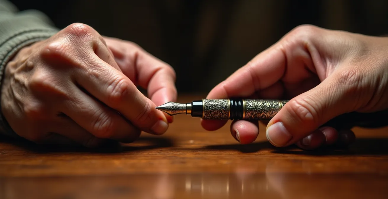 Vue macro de mains échangeant une plume ancienne au-dessus d'une surface en bois