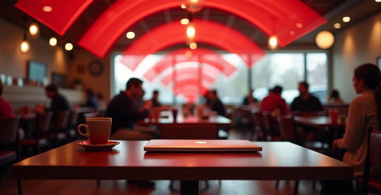 Vue d'un café montréalais avec des ondes Wi-Fi dangereuses symbolisées par des formes abstraites rouges