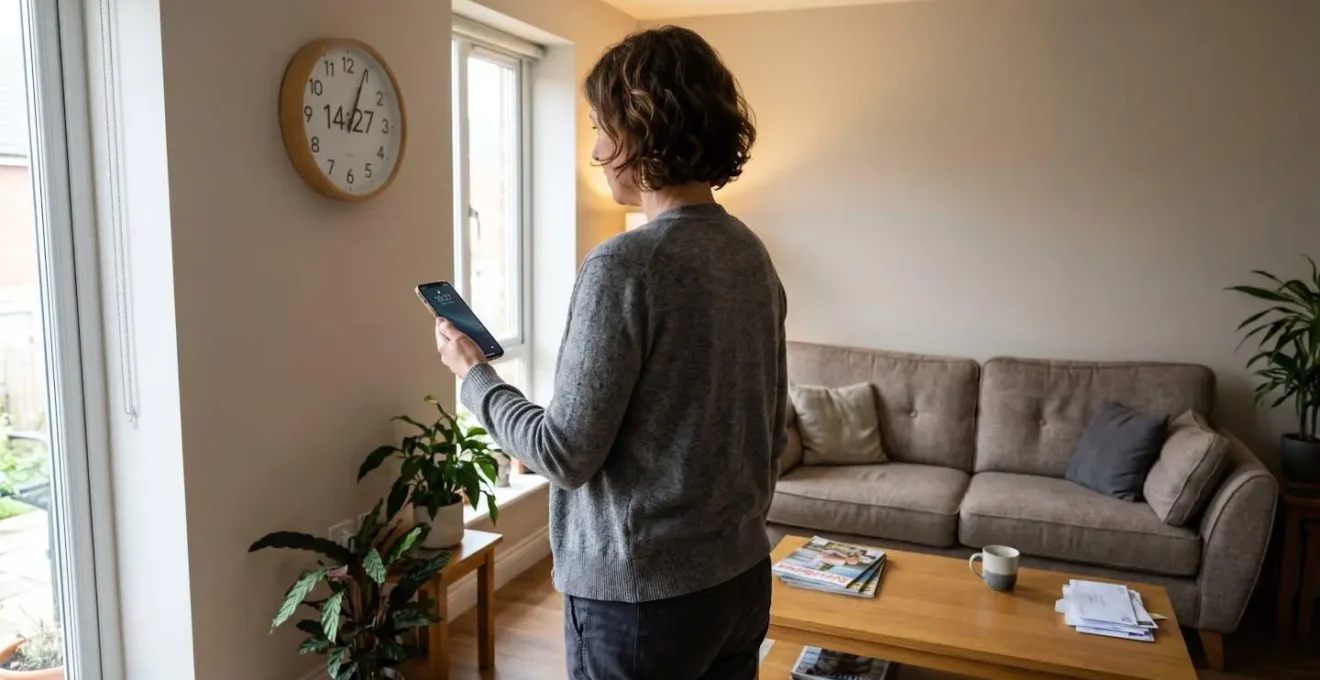 Femme dans la quarantaine vue de dos consultant simultanément horloge murale et téléphone intelligent affichant quatorze heures vingt-sept dans salon contemporain