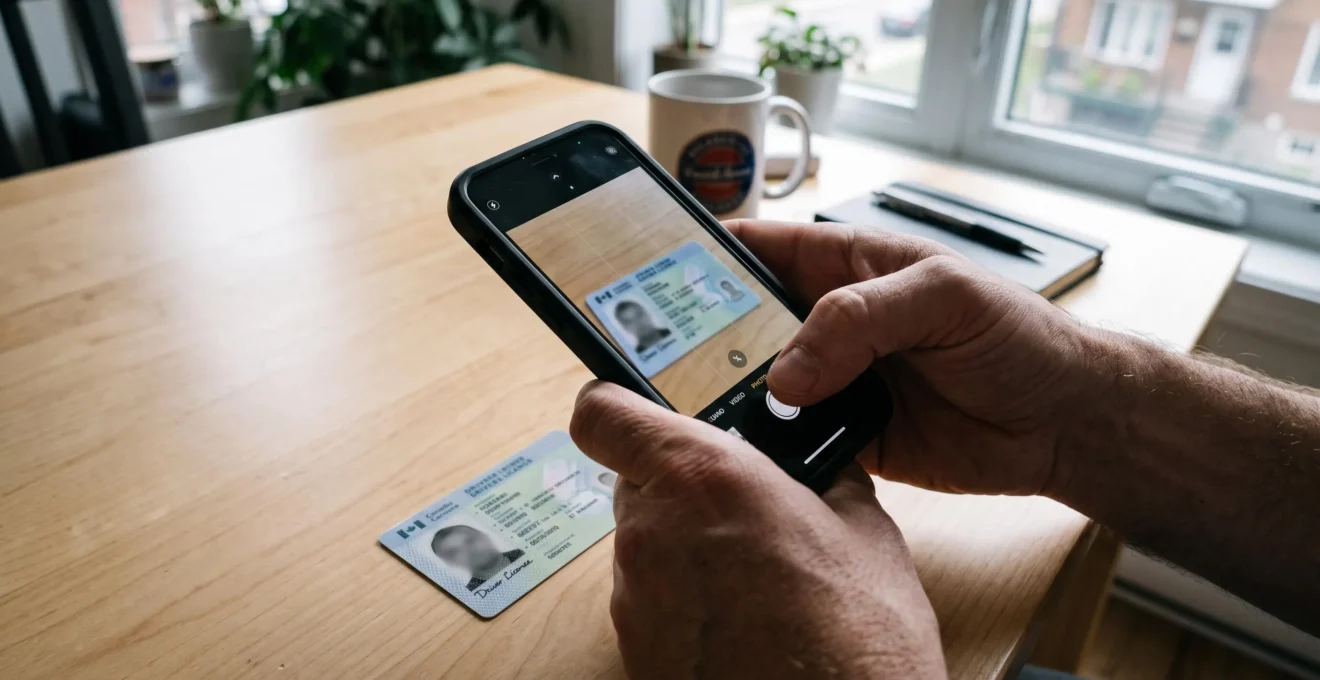 Personne debout près d'une fenêtre photographiant un document d'identité avec son smartphone pour numériser ses pièces justificatives bancaires
