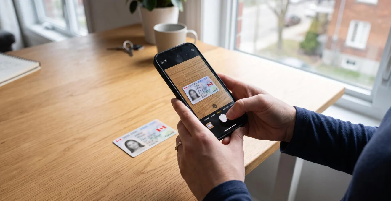 Personne organisant à domicile des documents d'identité et des preuves de résidence en deux piles distinctes sur une table en préparation d'une ouverture de compte bancaire au Québec