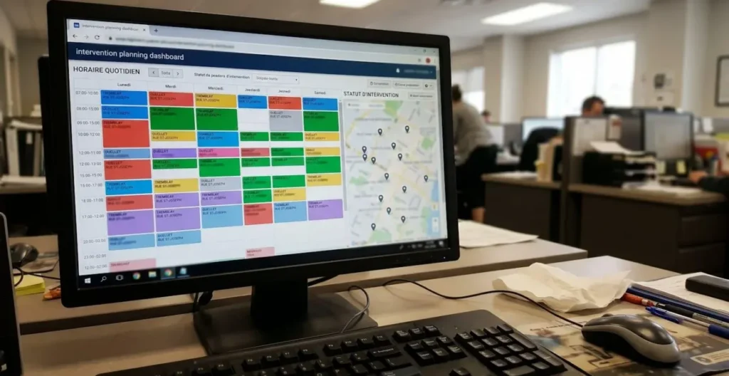 Écran moniteur bureau affichant tableau de bord logiciel planification avec créneaux horaires colorés noms techniciens et épingles carte géographique